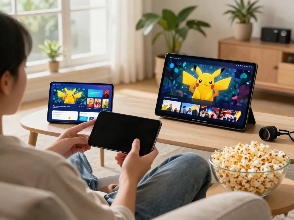 Enjoying the Pikachu App 2026 for free streaming of movies in a cozy setting.