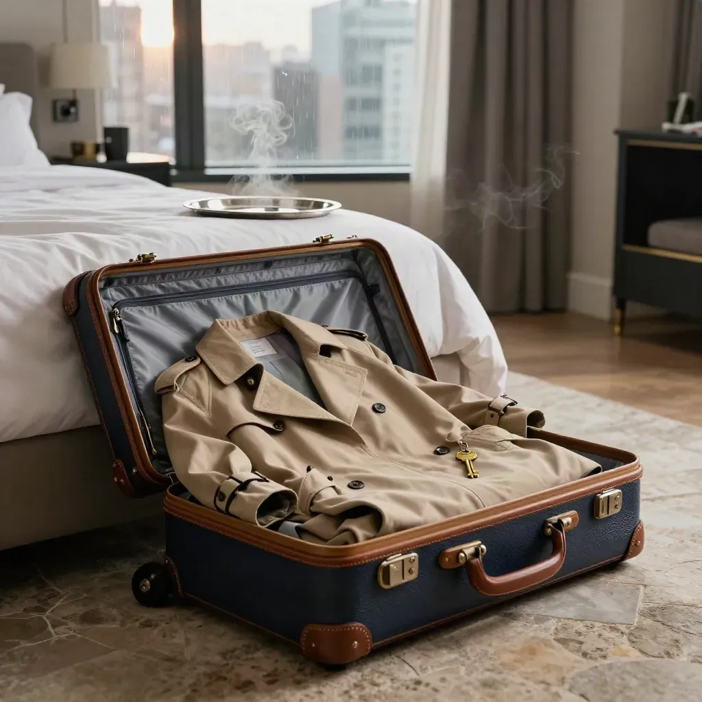 Open koffer op hotelkamer met trenchcoat, room key en koffie bij regenachtig stadsraam.