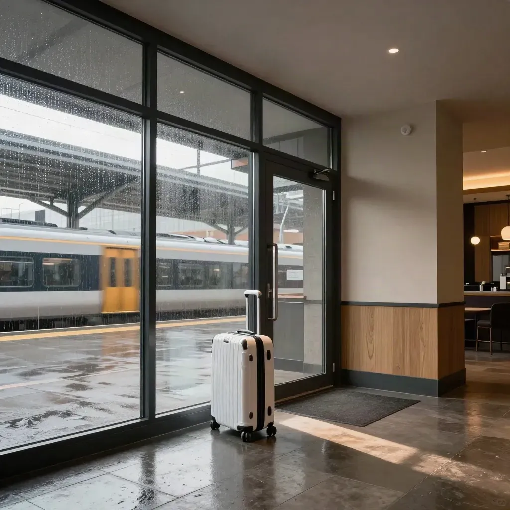 Hotel bij station met glazen lobby, natte vloer en witte rolkoffer onder een regenachtig spoor.