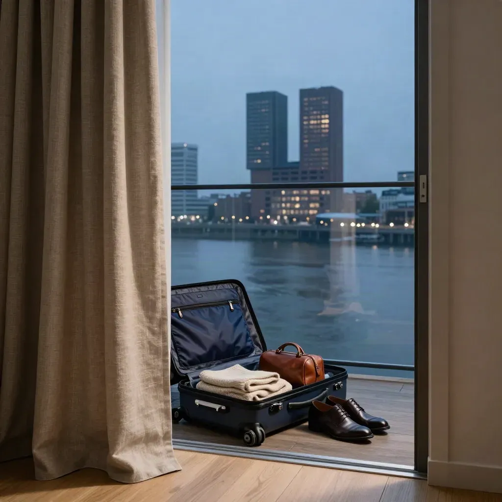 Rotterdamse hotelkamer met open koffer, wapperende gordijnen en uitzicht op de Maas