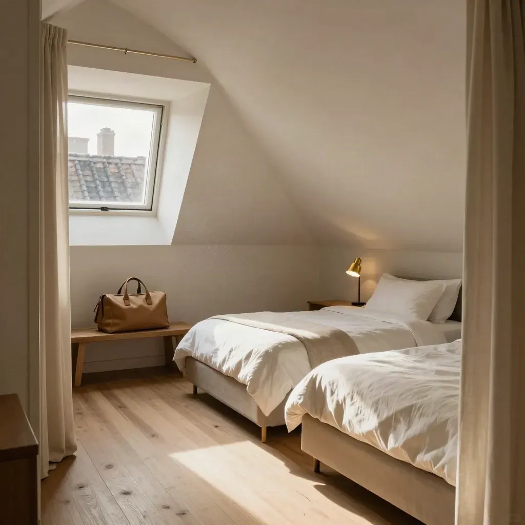 Compacte zolderkamer in Utrecht met twee opgemaakte bedden, bankje en zacht ochtendlicht.
