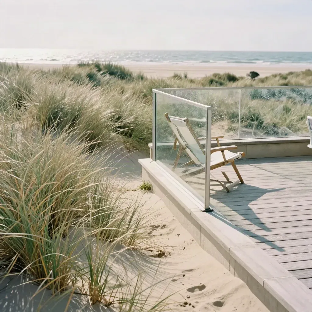 Strandhotelterras in Den Haag met duingras, glazen windscherm en opgevouwen deck chair in zeewind.