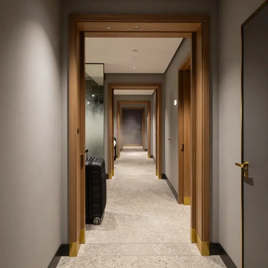 Lange hotellgang in Amsterdam met spiegels, open deuren en een discrete bagagetrolley.