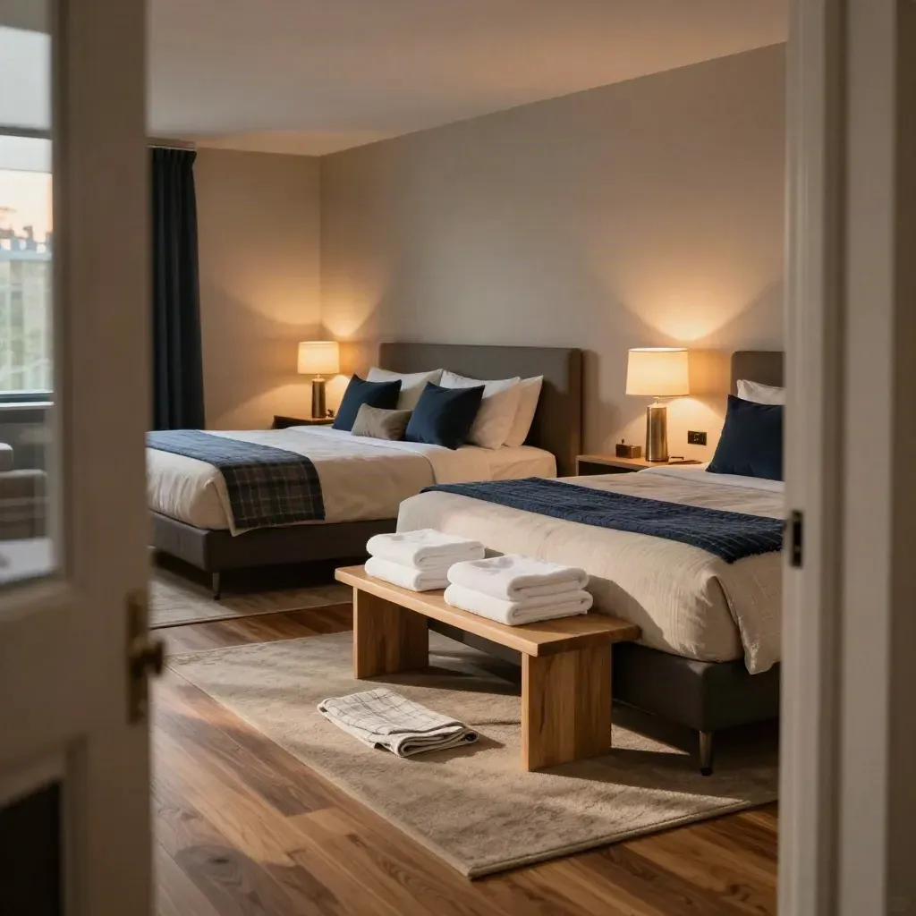 Ruime familiekamer met twee bedden, slaapbank, handdoeken en plaid bij avondlicht.