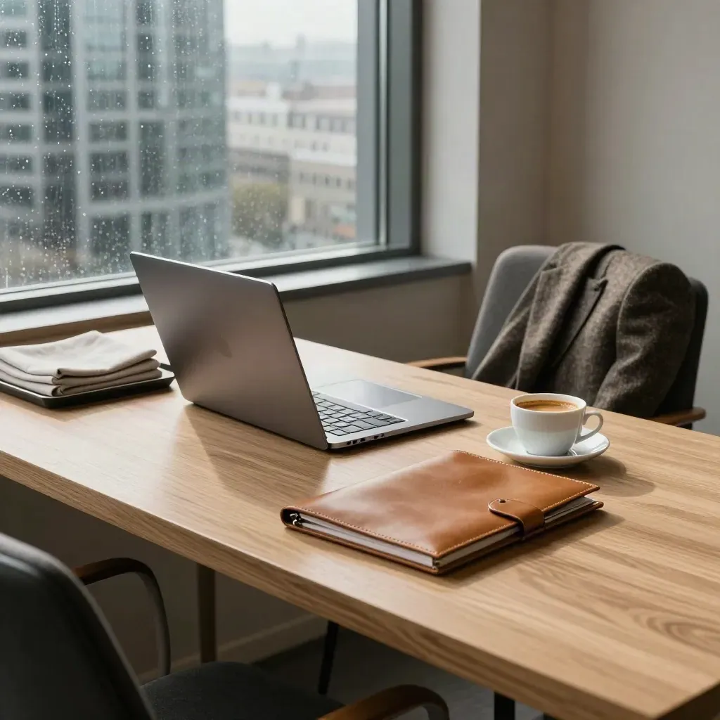 Stille zakenkamersuite met laptop, espresso, blazer en regenraam bij de Zuidas.