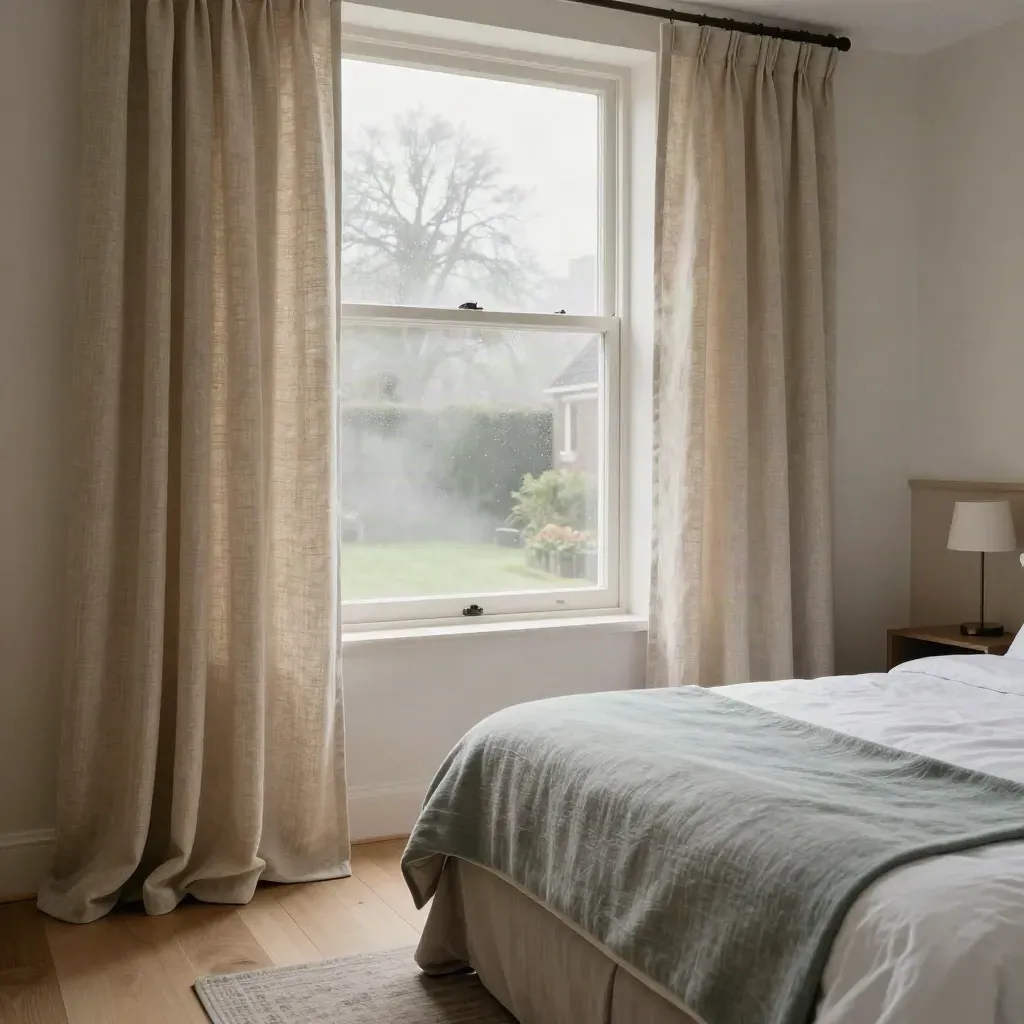 Boutique hotelkamer in Haarlem met opwaaiende linnen gordijnen, strak bed en mist boven de binnenplaats.
