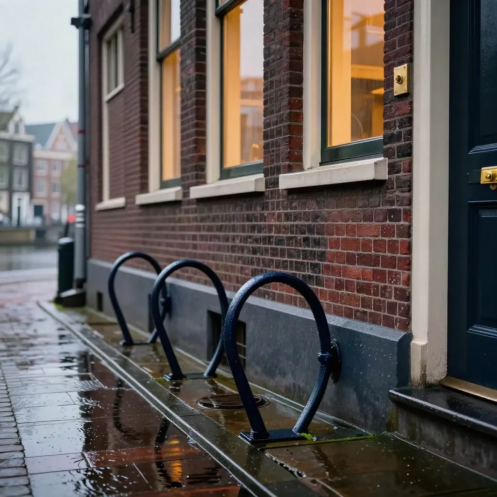 Amsterdamse hotelgevel aan de gracht met natte stenen, fietsrekken en warme raamgloed