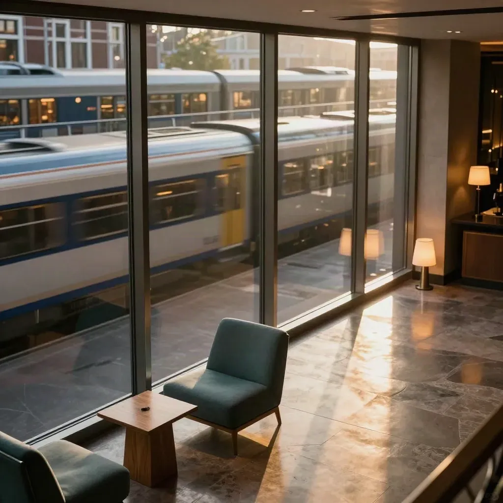Hotelfoyer bij Utrecht Centraal met glaswand, zithoek en een passerende trein als waas