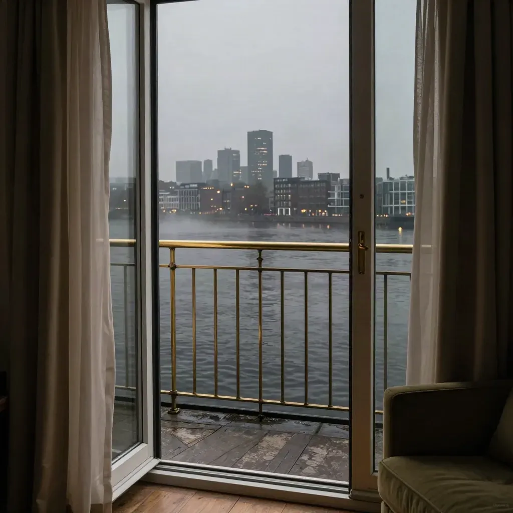 Rotterdams hotelbalkon bij schemer, open deur en skyline boven de Maas.