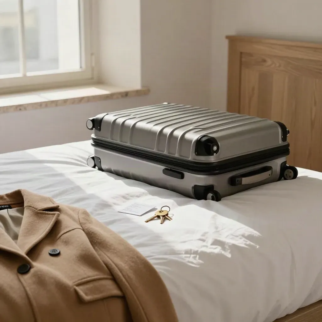 Hotelkamer met koffer op bed, room key en opgevouwen jas in ochtendlicht.