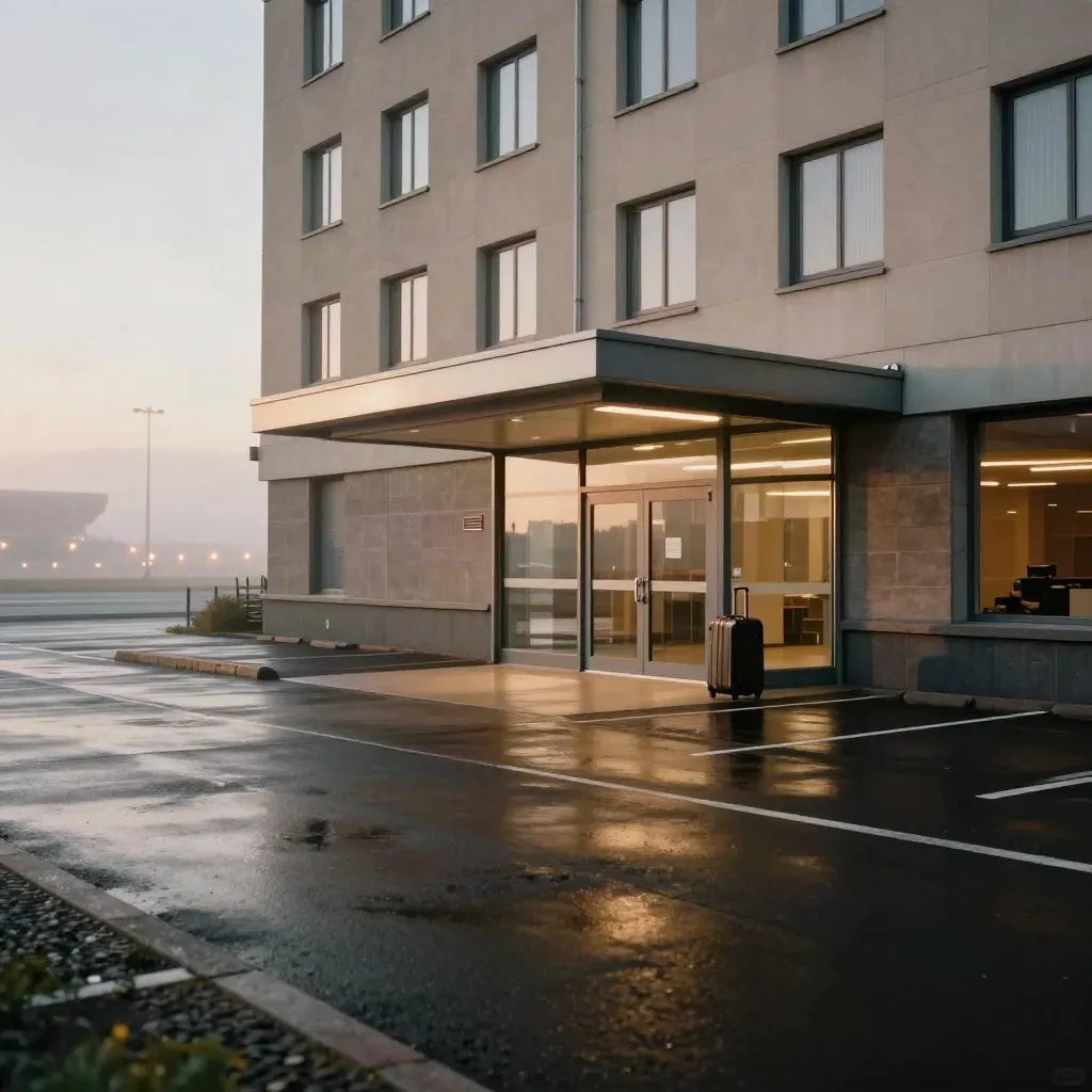 Hotel bij Eindhoven Airport in mist met nat asfalt, rollkoffer en zachte runwaylights.
