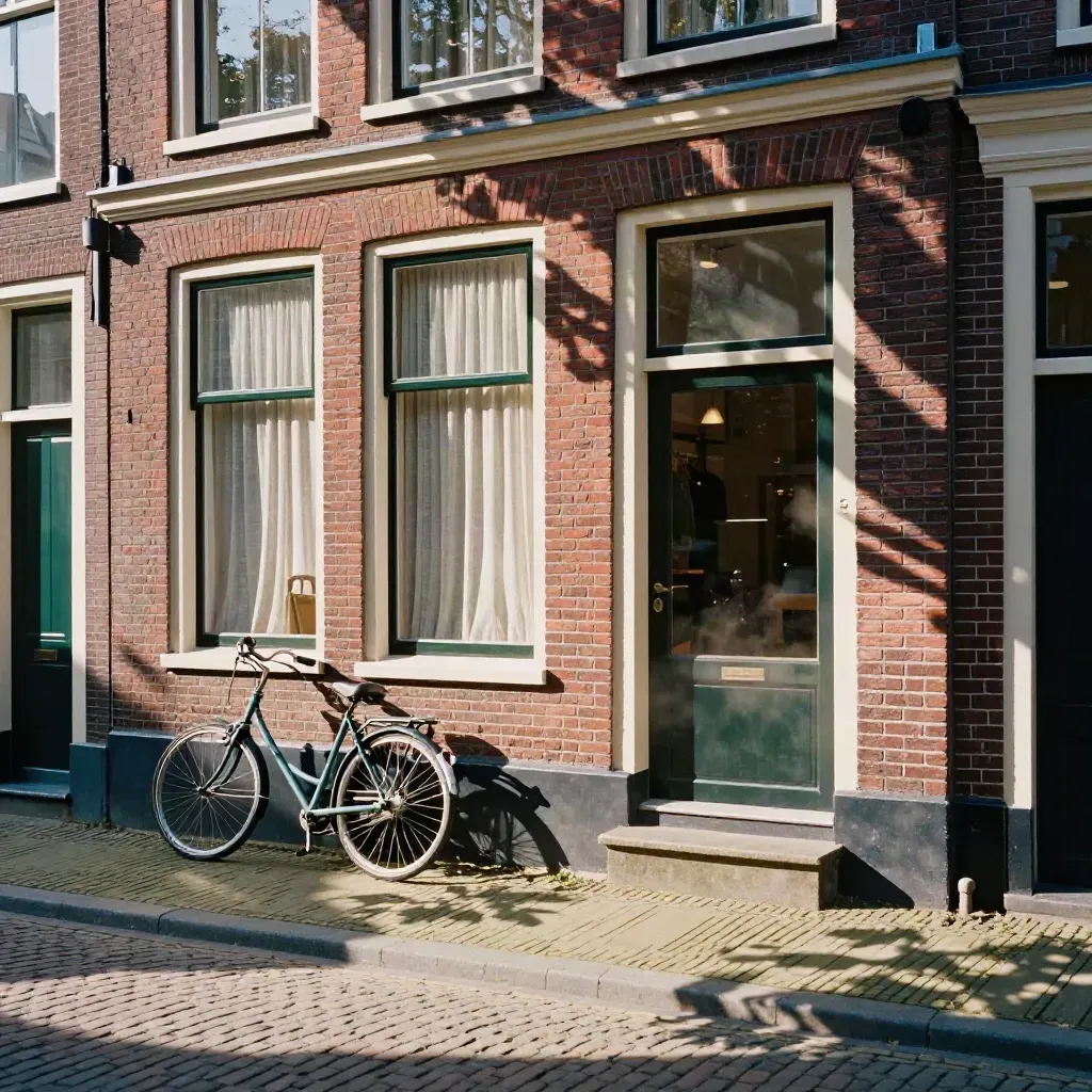Rustige Haarlemse zijstraat met boutique guesthouse, fiets en late middagzon op de stoep.