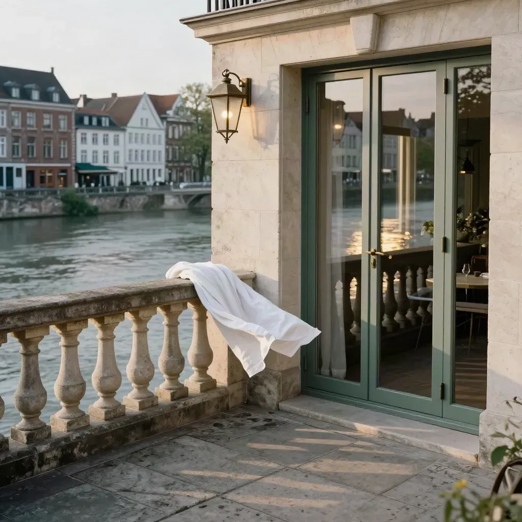 Terras van een hotel in Maastricht met riviermist, oude gevels en warm avondlicht.