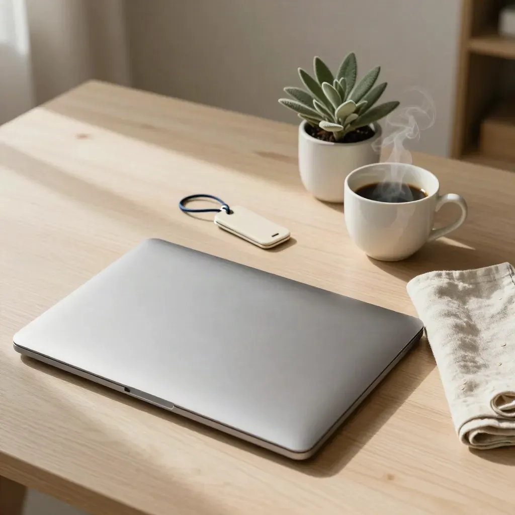 Gesloten laptop, sleutelkaart, koffiekop en plantje op een rustig houten werkblad.