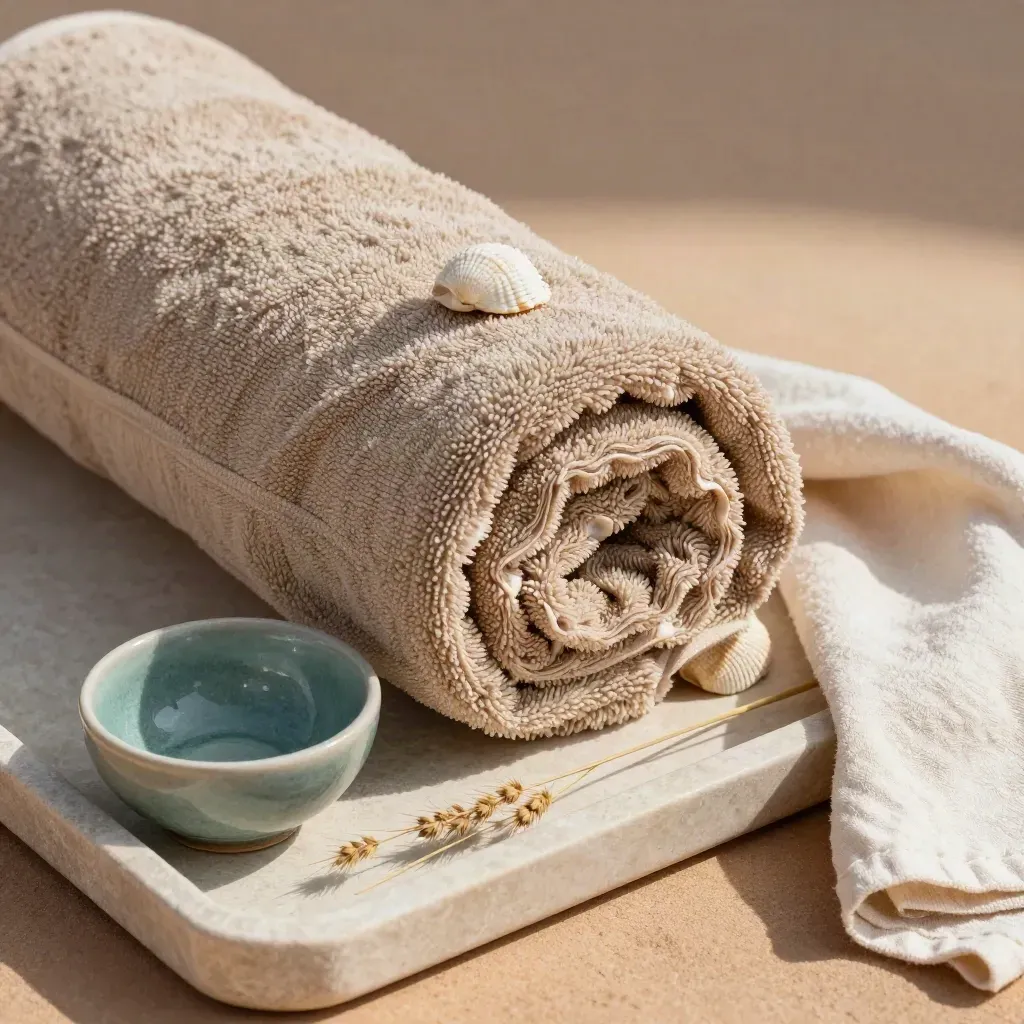 Zandkleurige opgerolde strandhanddoek met schelp, teal kommetje en duingras op een stenen tray.