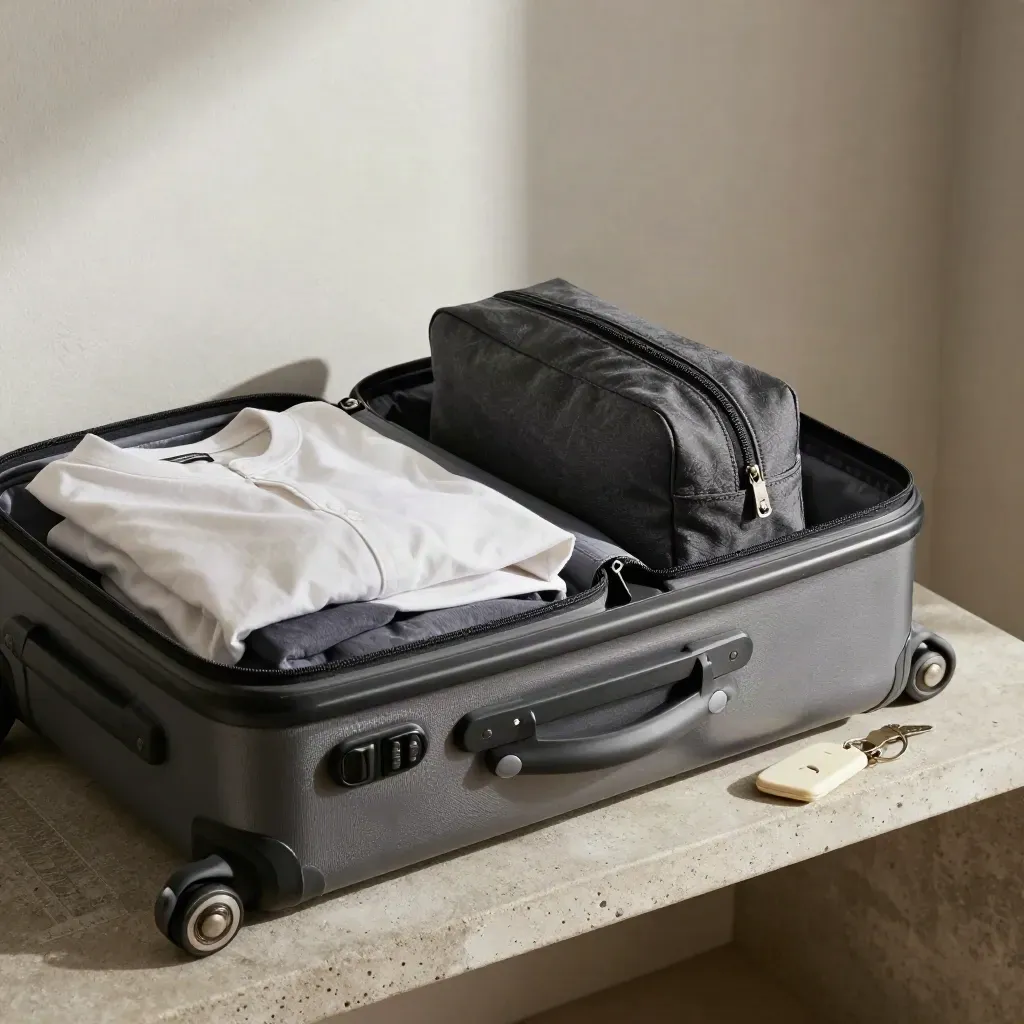 Half dichtgeritste carry-on met overhemd, toilettas en room key op een stenen plank.